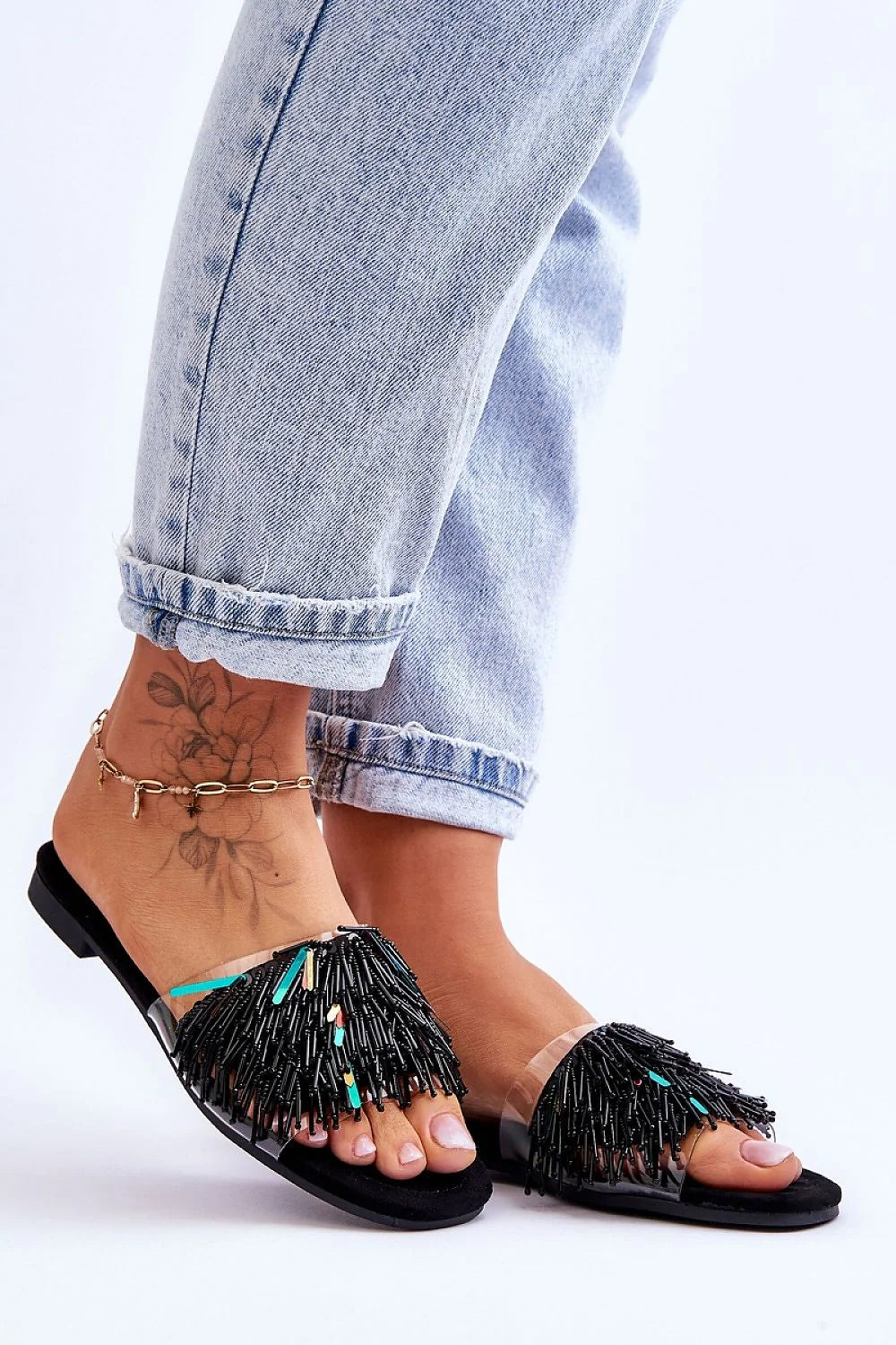 sandales femmes plates mules ouvertes noires turquoise perles tubulaires franges bride transparente ecosuede confort semelle antiderapante legere durable