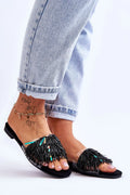 sandales femmes plates mules ouvertes noires turquoise perles tubulaires franges bride transparente ecosuede confort semelle antiderapante legere durable