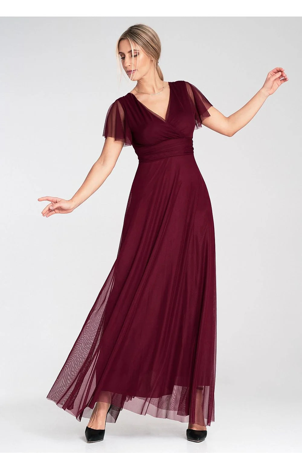 Robe longue élégante en tulle bordeaux manches courtes en V dos nu soirée été hiver femme