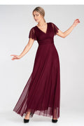 Robe longue élégante en tulle bordeaux manches courtes en V dos nu soirée été hiver femme