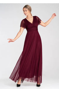 Robe longue élégante en tulle bordeaux manches courtes en V dos nu soirée été hiver femme