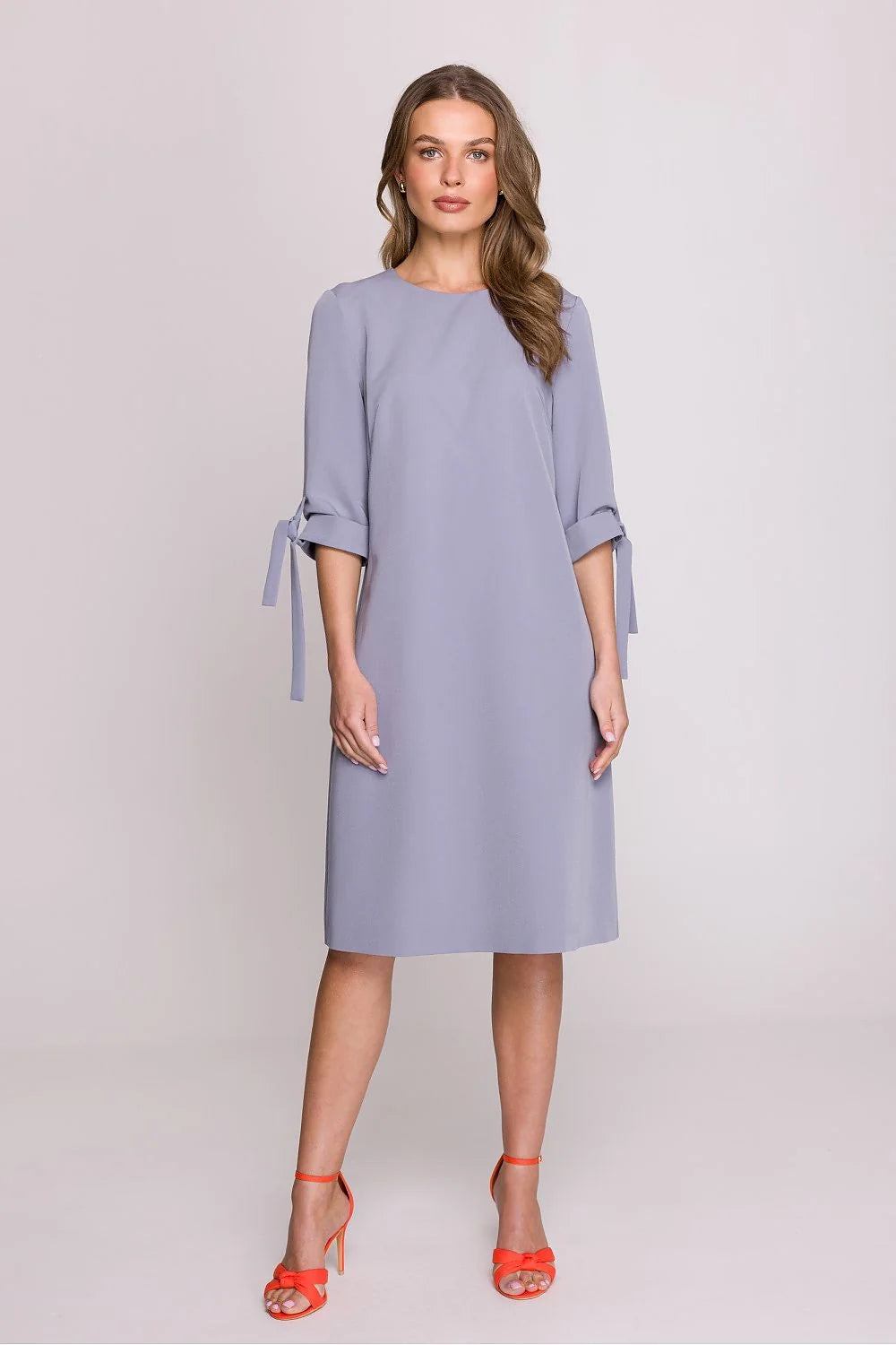Robe femme style minimal semi-formel office Polyester/blue doux manches 3/4 noeuds decoratifs coupe droite genou longueur occasion versatile