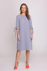 Robe femme style minimal semi-formel office Polyester/blue doux manches 3/4 noeuds decoratifs coupe droite genou longueur occasion versatile