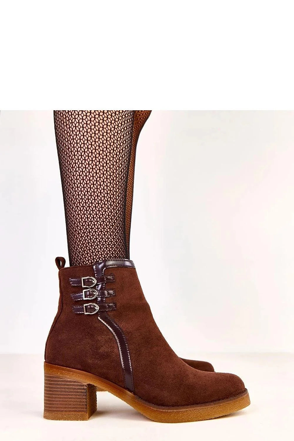 bottines cheville femme cuir écologique suédé souple marron bout rond talon bloc 7cm doublure chaude semelle gomme crêpe boucles métalliques