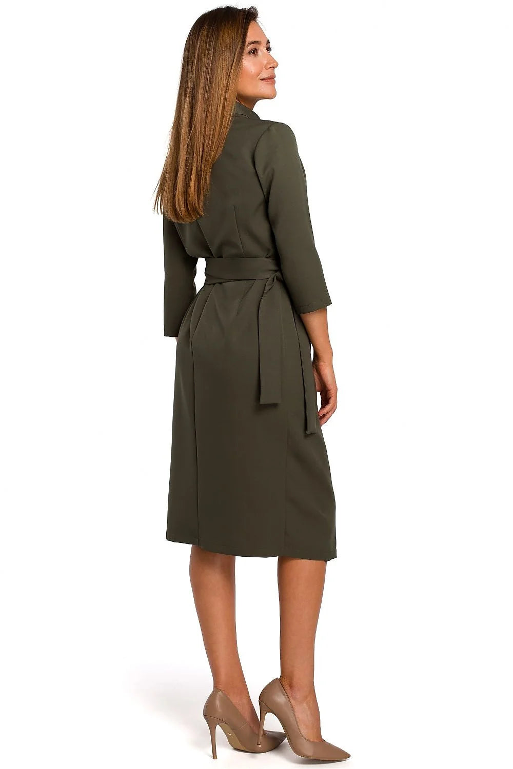 Robe portefeuille polyester élégante vert olive ajustée ceinture col châle manches longues semi-formelle femmes