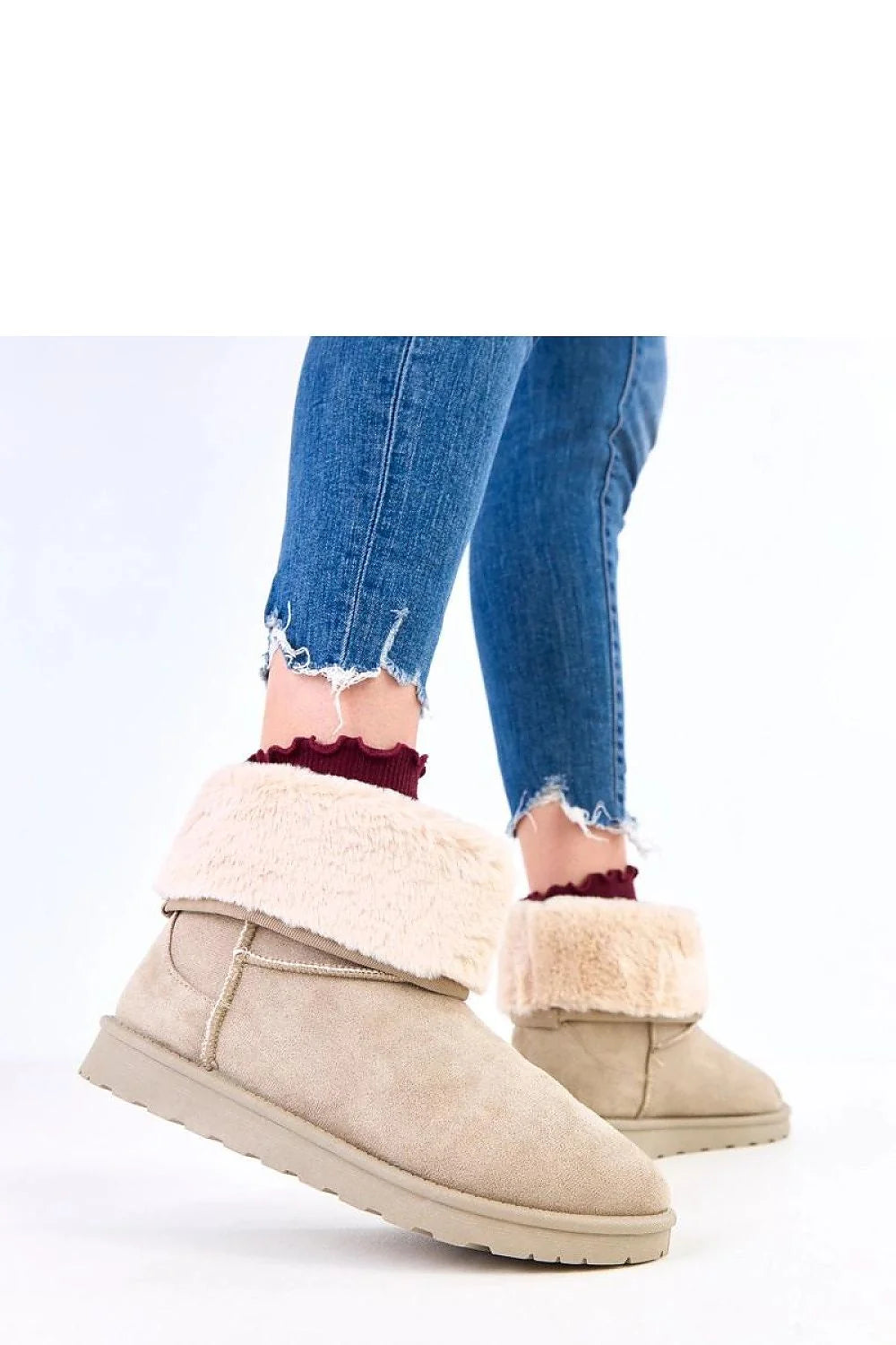 bottines hiver femme suédine beige retourné fausse fourrure rond semelle crantée plateforme 25mm slipon doublées chaudes confort durable