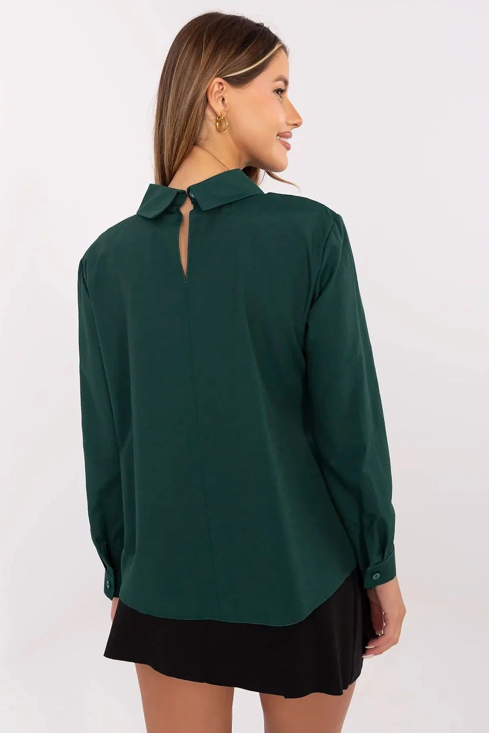 Chemisier Lakerta élégant pour femme en coton vert foncé avec jupe noire style classique manches longues col à pointes