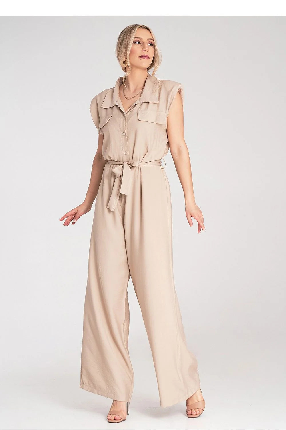 Combinaison élégante pour femme sans manches large ceinture viscose beige occasionnels décontractée chic