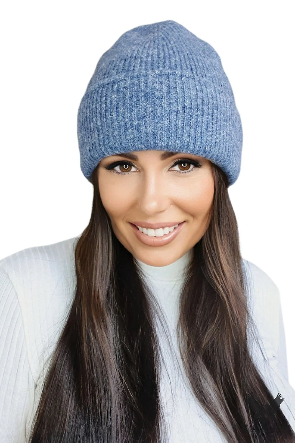 Bonnet à côtes pour femme en tricot doux bleu clair hiver froid style intemporel ajusté femmes