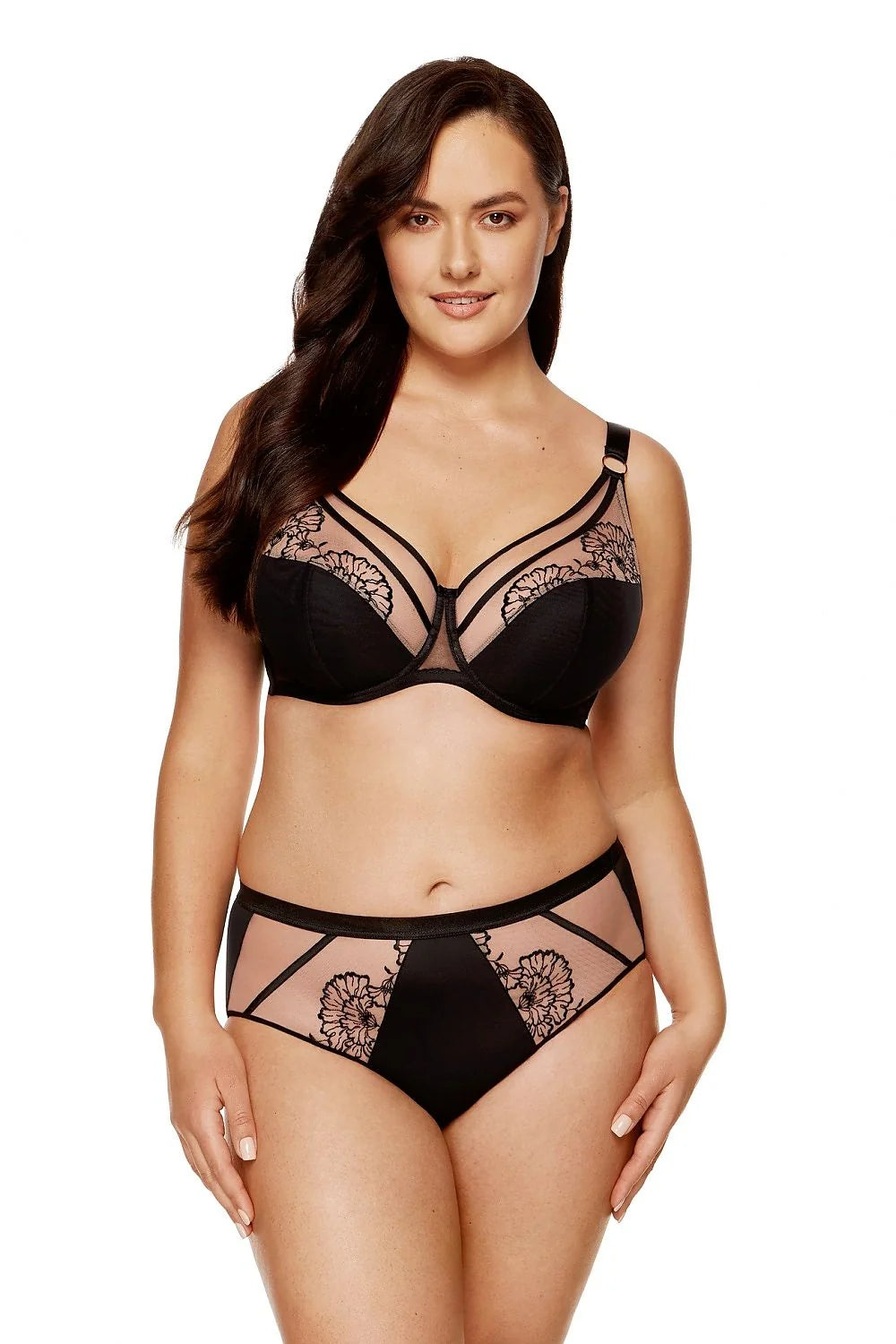 Ensemble de lingerie élégant pour femme, soutien-gorge et culotte taille haute, broderie florale, noir et beige, maille lisse, tulle, élastique, coton OEKO-TEX