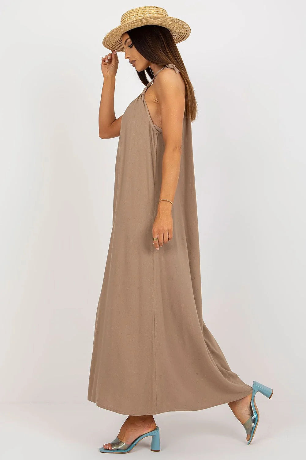 Robe de jour Och Bella longue sans manches bretelles nouées coton lin viscose beige décontractée bohème été femmes