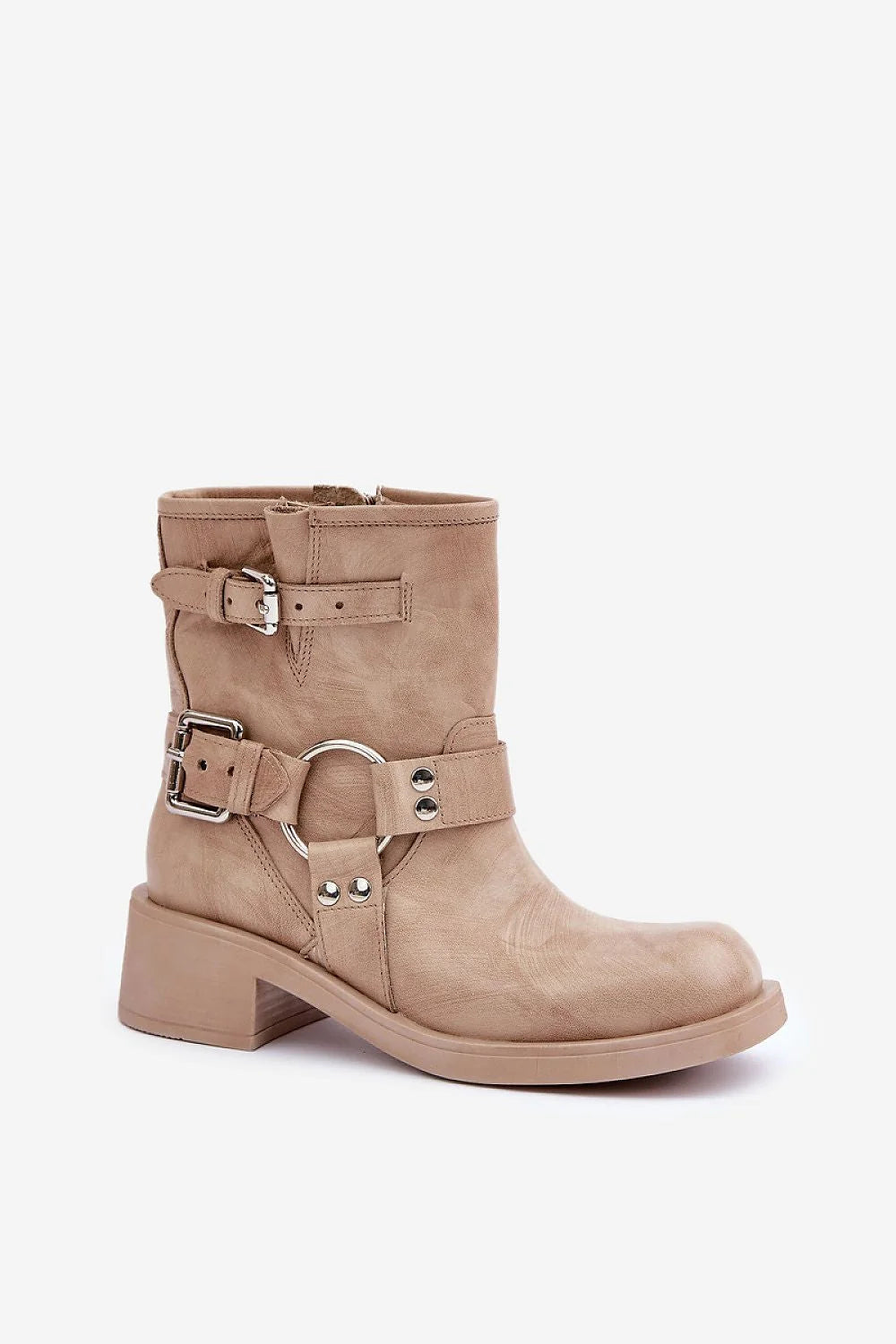 bottines femme taupe similicuir effet vieilli tige mihaute bout rond talon bas bloc fermeture éclair brides réglables semelle crantée