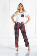 pyjama femme ensemble chemisier pantalon long carreaux rouge noir blanc tartan doux respirant confortable décontracté cosy festif élégant