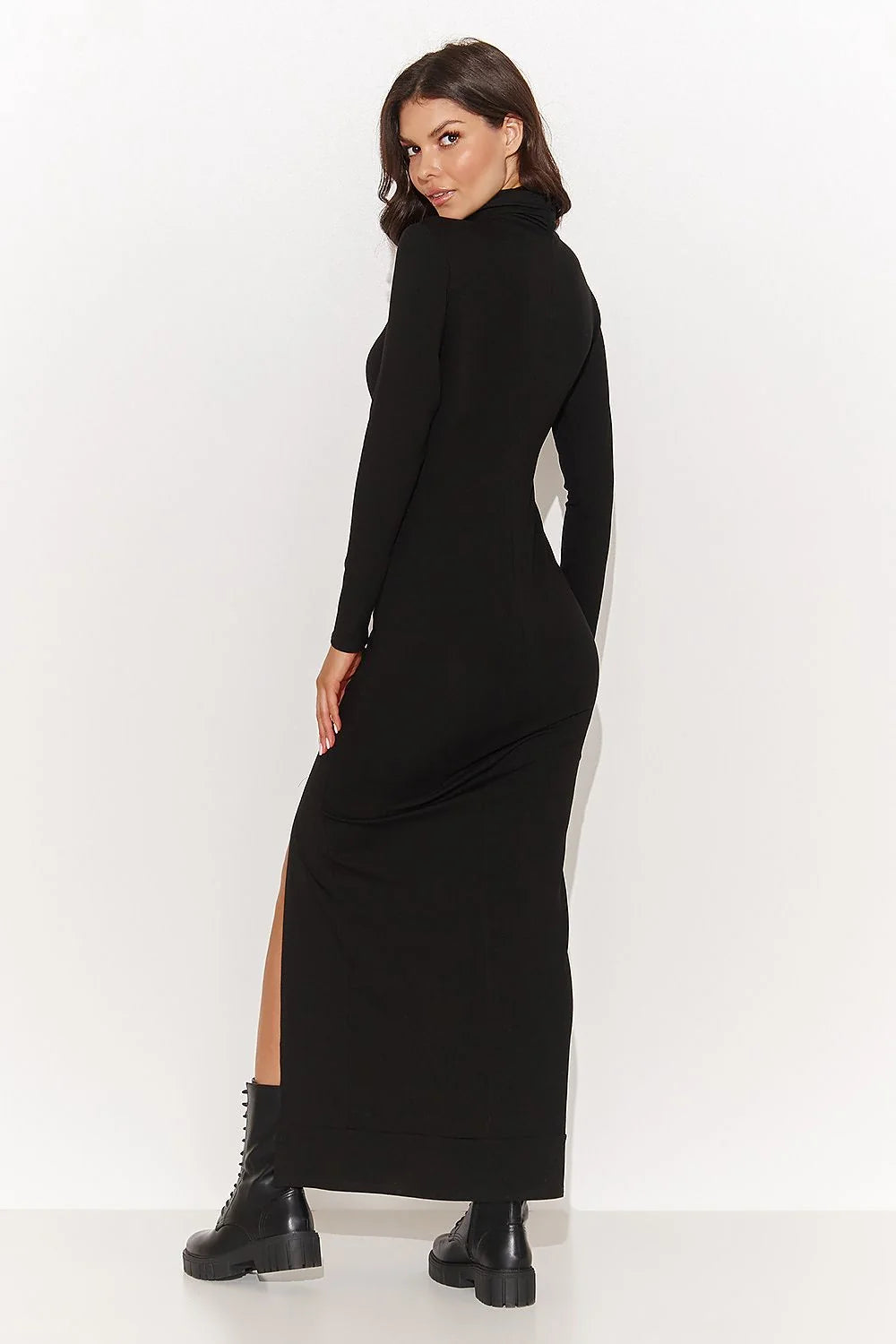 Robe de soirée élégante longue noire col montant fente latérale dorée style urbain femme