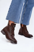 bottines femme marron simili cuir lacets zip doublure fourrure talon bas bout rond semelle antidérapante œillets argentés médaillon métal confort