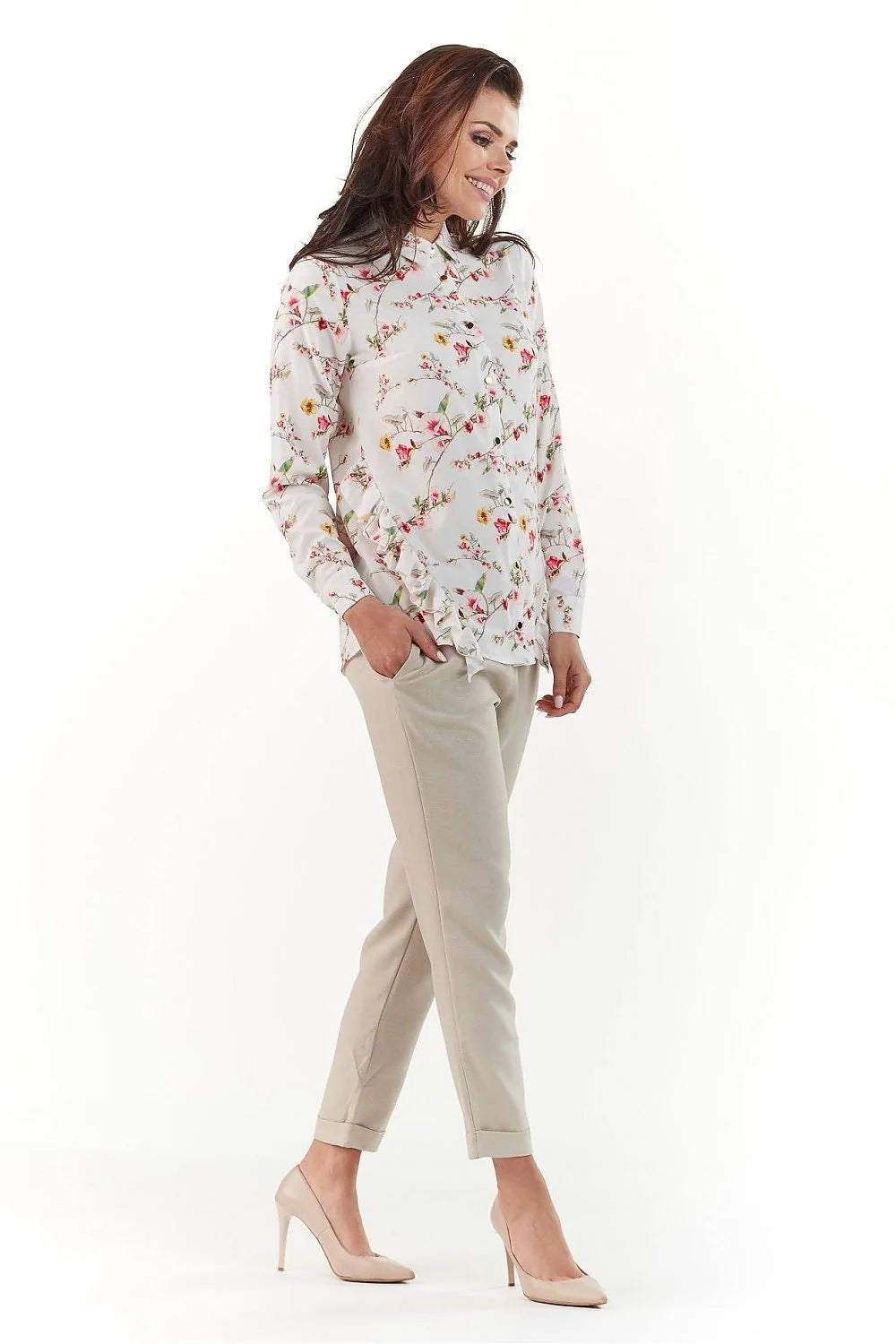 Ensemble blouse chemise manches longues tissu léger floral chic pantalon beige décontracté pour femmes élégantes