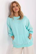 Sweatshirt pour femme en coton doux, manches longues, broderie feuilles, coupe ample, couleur bleu pastel, style décontracté, poche kangourou