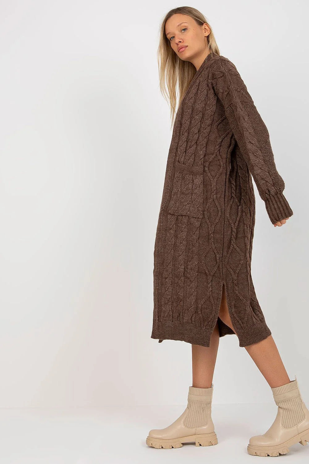 Cardigan Rue Paris pour femme long manches longues col V ouvert poches rabattables marron chocolat maille épaisse acrylique 100 % hiver automne