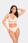 Ensemble de lingerie féminine élégant comprenant soutien-gorge bralette en dentelle et culotte bikini nude clair taille ajustable