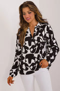 Chemisier femme viscose écologique motifs graphiques noirs et blancs manches longues élastiques coupe ample V-neckline