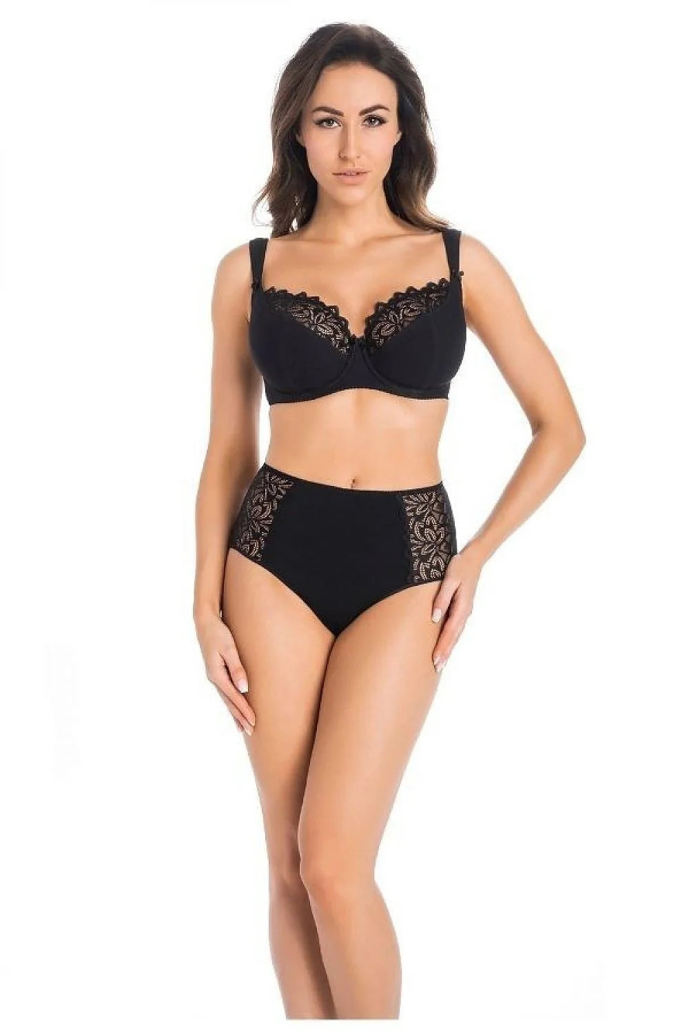 Ensemble de lingerie féminine chic noire soutien-gorge balconnet dentelle floral culotte taille haute matière douce confort femme