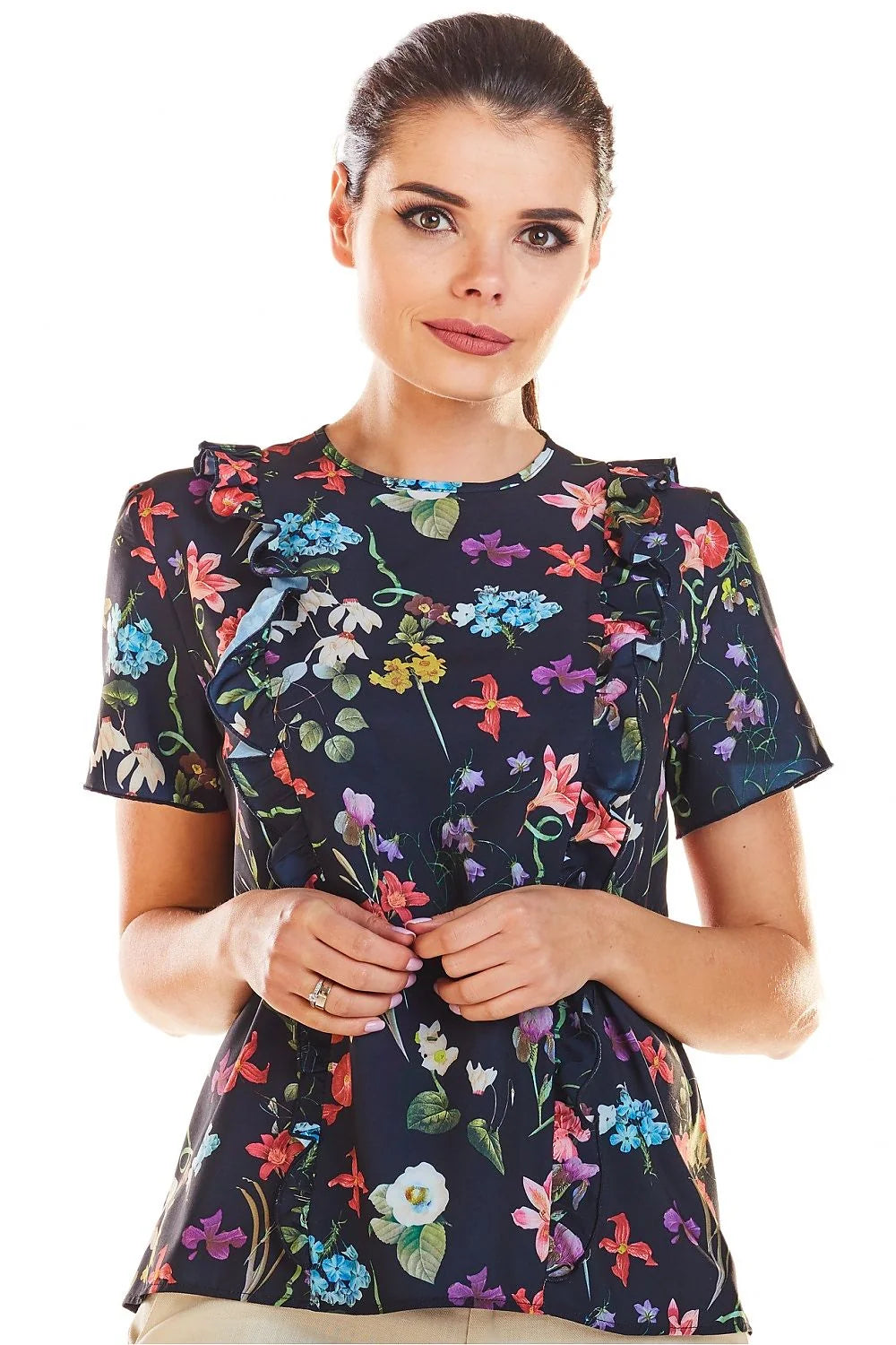Blouse en polyester romantique avec motifs floraux multicolores, volants élégants pour toutes occasions féminines