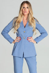 blazer femme bleu clair polyester ajustée cintrée élégant chic professionnel structuré revers boutons dorés manches longues fente épurée coordonné pantalon