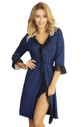 Peignoir viscose bleu marine élégant et confortable avec volants dentelle, pour soirées romantiques chez vous