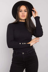 Haut ajusté à manches longues en coton élasthanne noir boutons argentés style casual chic pour femmes
