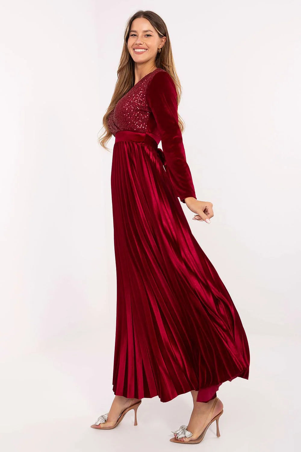 robe longue maxi bordeaux velours soirée élégante cachecoeur manches longues taille empire bande souspoitrine jupe plissée fluide paillettes bonnets rembourrés