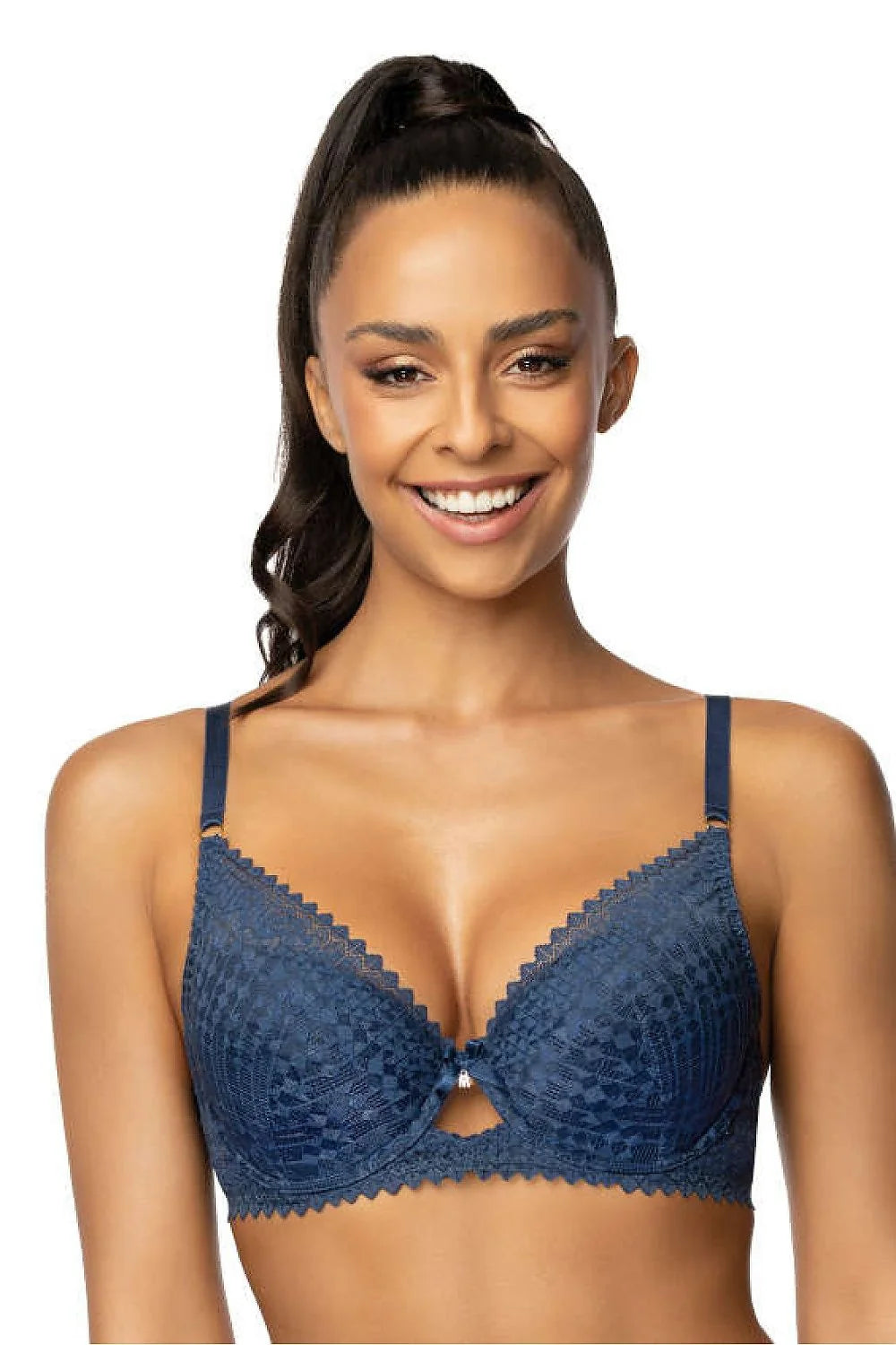 Soutien-gorge push-up en dentelle Maddie corail et bleu marine doublure en soie fermeture dos armatures rembourrées look guêpière