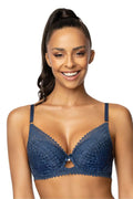 Soutien-gorge push-up en dentelle Maddie corail et bleu marine doublure en soie fermeture dos armatures rembourrées look guêpière