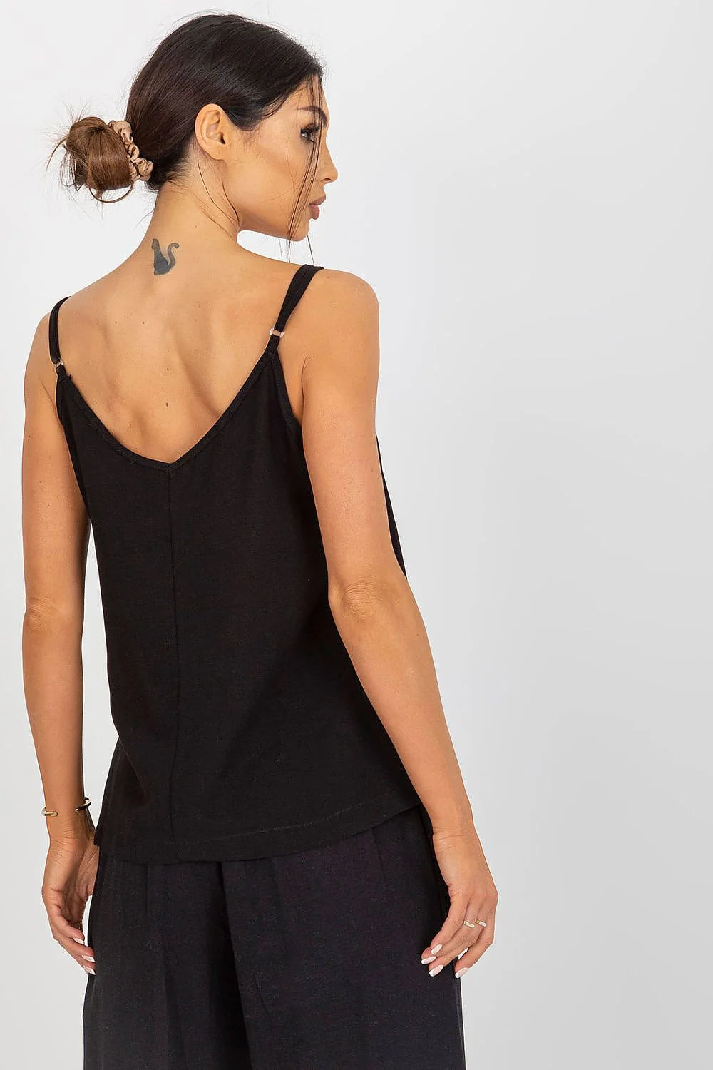 Débardeur pour femme ample bretelles ajustables col V noir coton 50% len 25% viscose 25% taille ajustable S M L XL