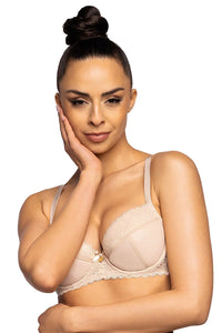 soutien gorge pushup beige nude dentelle maille armatures balconette demi rembourré microfibre doublure coton bretelles réglables noeud pendentif doré