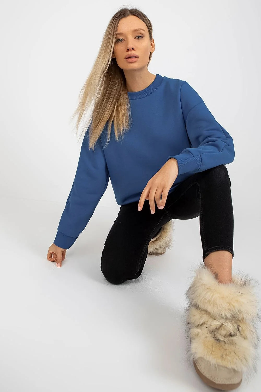 Sweatshirt femme coupe ample coton chaud manches longues col rond ourlet côtelé bleu vif mode casual