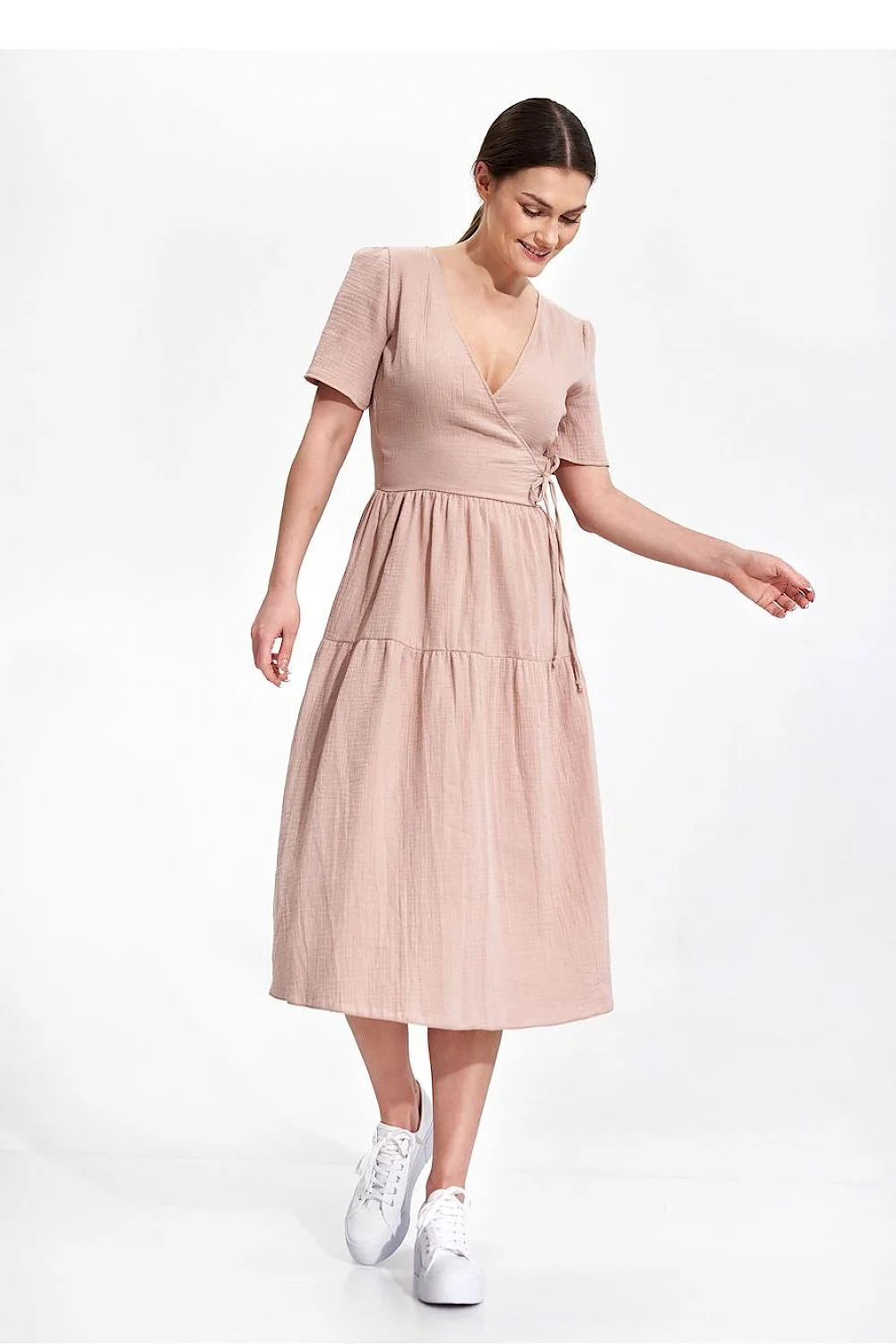 Robe de jour élégante été manches courtes encolure enveloppante coton 100 % taille ajustable femme