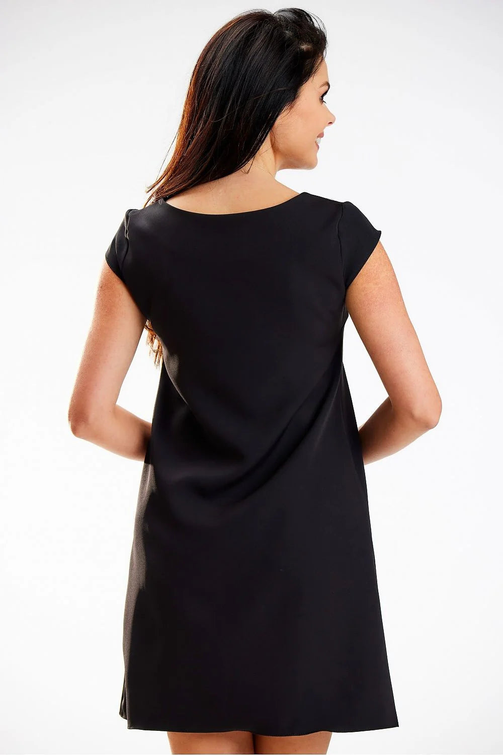Robe de jour élégante pour femmes noire manches courtes coupe ample trapézoïdale polyester elasthanne