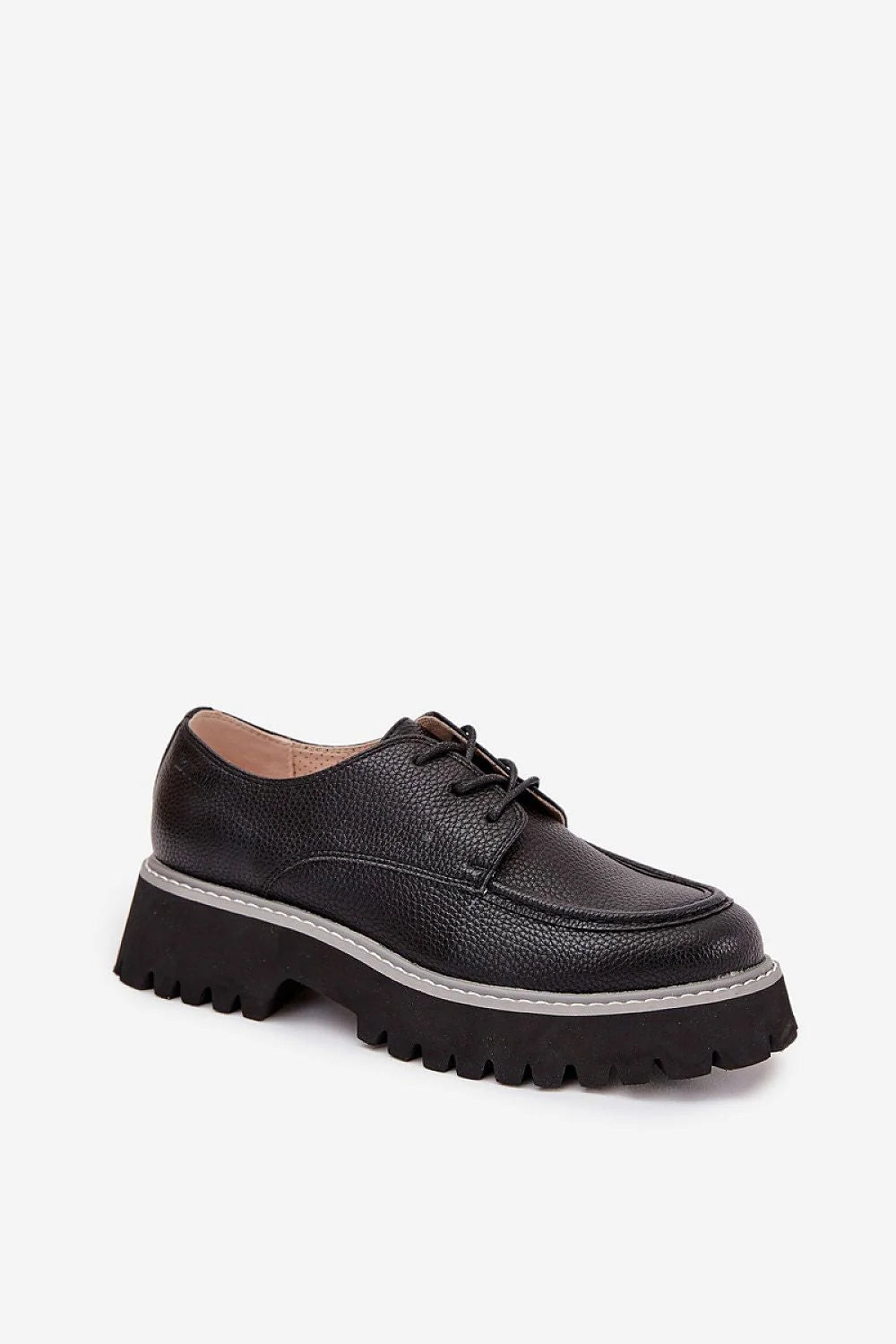 mocassins femme biostar cuir écologique grainé noir lacets plateforme semelle crantée épaisse adhérence bordure grise couture visible