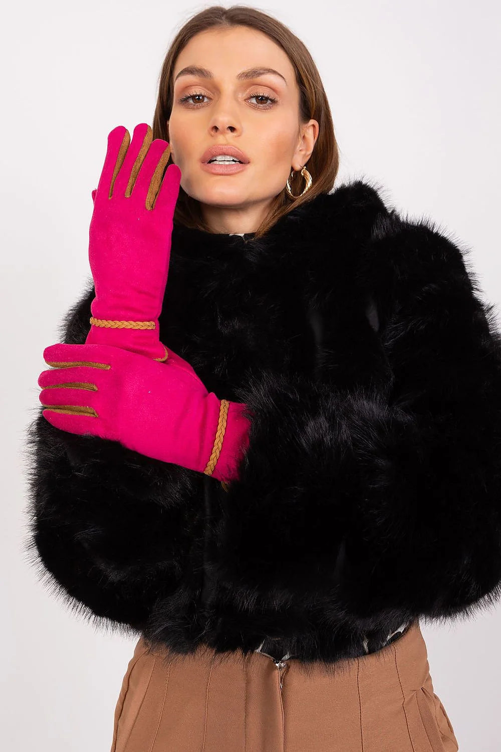 Gants élégants pour femme en fuchsia avec accents marron, design décoratif à bride tressée, fleurs brodées, téléphone sans enlever, polyester 90% spandex 10%
