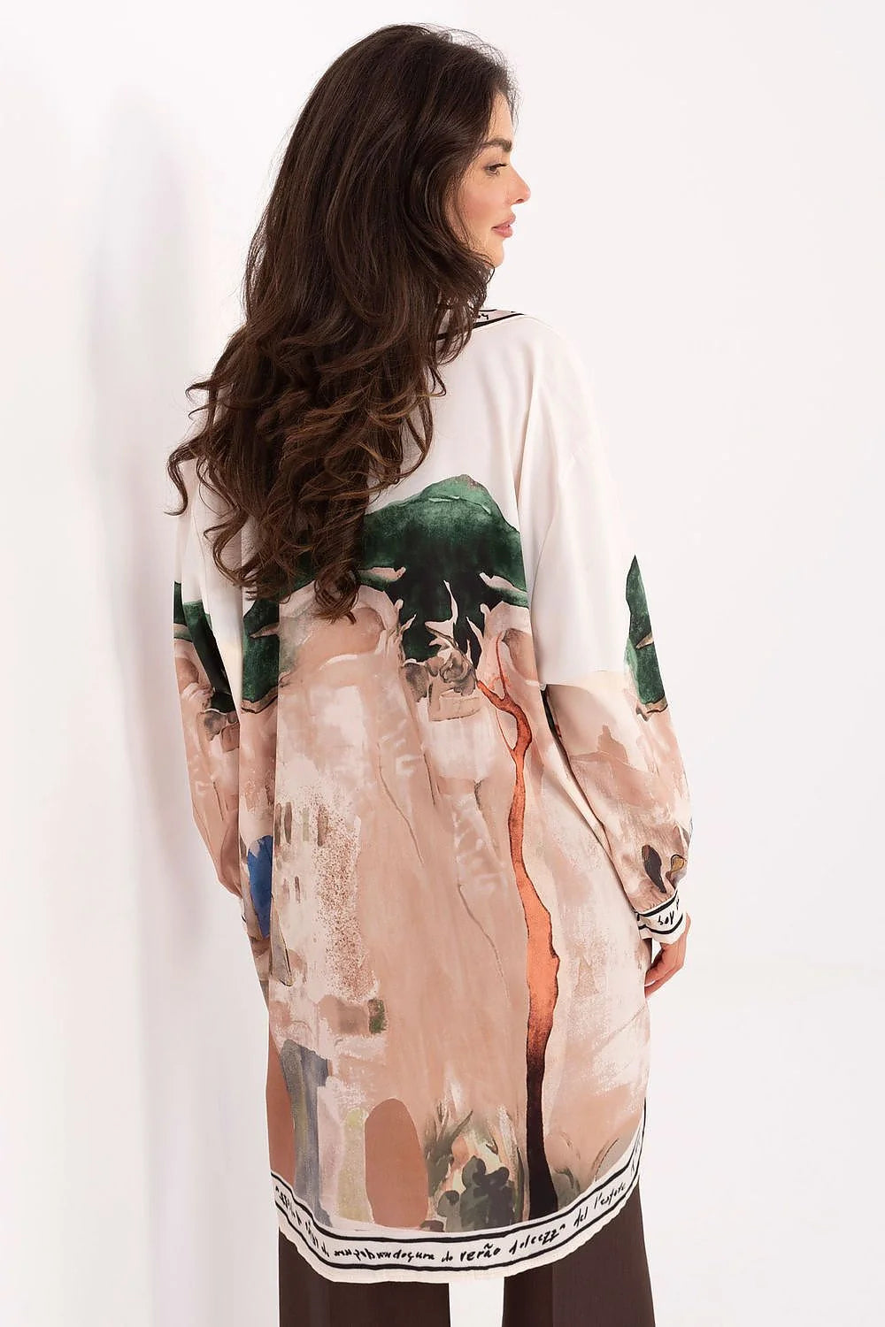 chemisier tunique oversize voile chiffon semitransparent imprimé aquarelle beige rosé vert terrecuite col classique patte boutonnage liseré contrastant