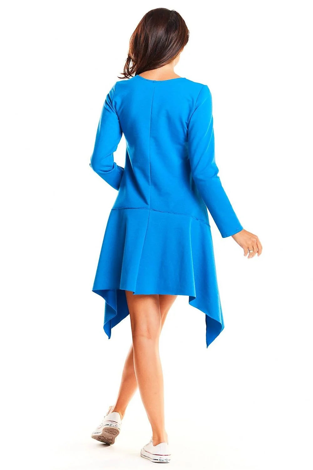 Robe bleu vif coton élasthanne polyester manches longues asymétrique moderne élégante décontractée féminine mode