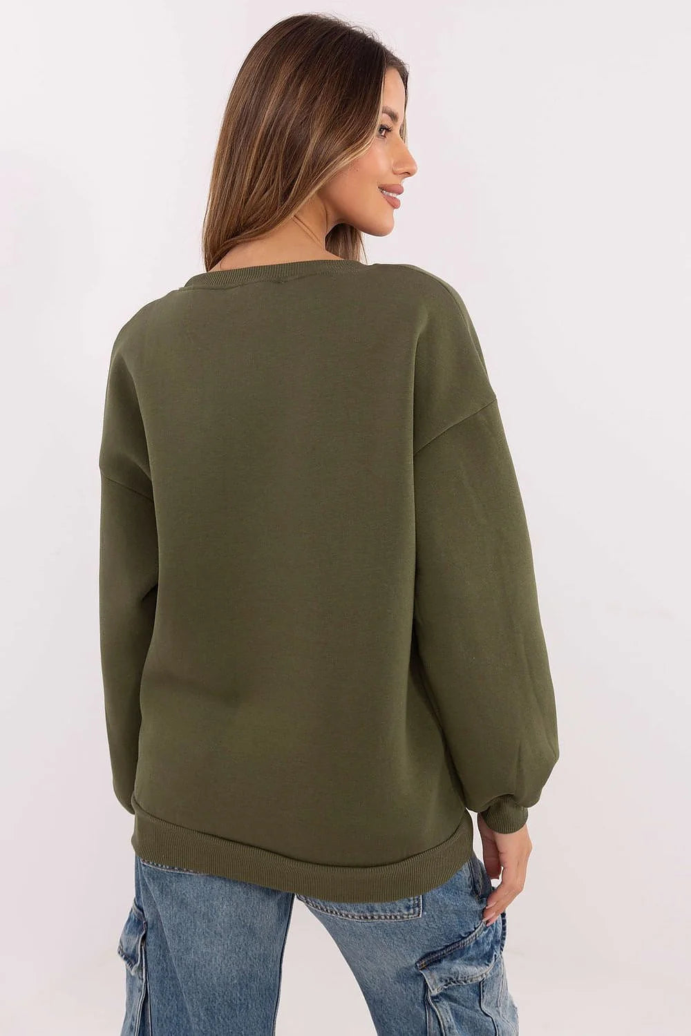 Sweatshirt femme style urbain décontracté imprimé Boston en rouge sur vert olive coton polyester manches longues coupe ample encolure ronde