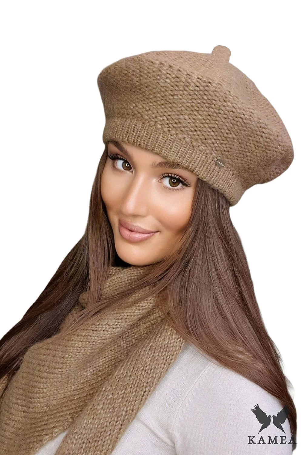 béret écharpe assortis Kamea femme hiver camel mérinos polaire tricot maille serrée triangulaire slouchy côtelé chaud doux sophistiqué