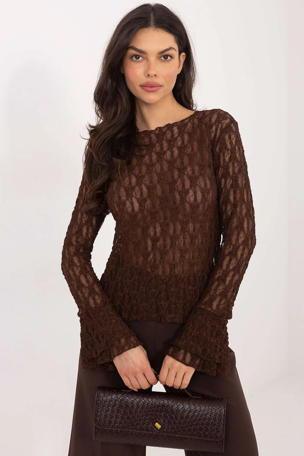 blouse dentelle femme ajustée manches longues cloche volants décolleté bateau viscose extensible doux confortable chocolat