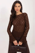 blouse dentelle femme ajustée manches longues cloche volants décolleté bateau viscose extensible doux confortable chocolat