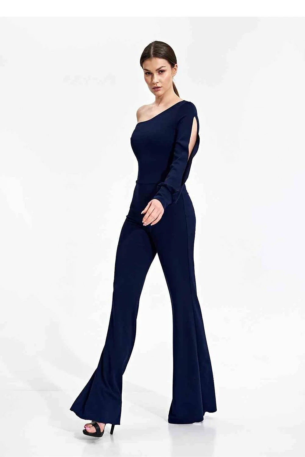 Combinaison élégante asymétrique longue épaule nue matière stretch noire femme soirée événement taille ajustable