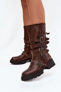 bottes femme mi mollet biker similicuir marron bout rond semelle crantée noire talon bloc bas fermeture zippée sangles