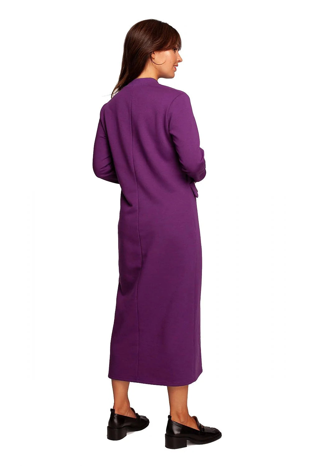 Robe de jour Be Wear longue en coton et polyester, fente haute, manches longues, encolure V, poches rabattables, style épuré, couleur violette profonde pour femme