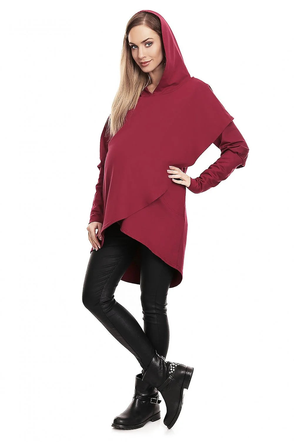 Sweatshirt de grossesse asymétrique à capuche en coton rouge profond, manches longues, coupe semi-ajustée pour femmes enceintes