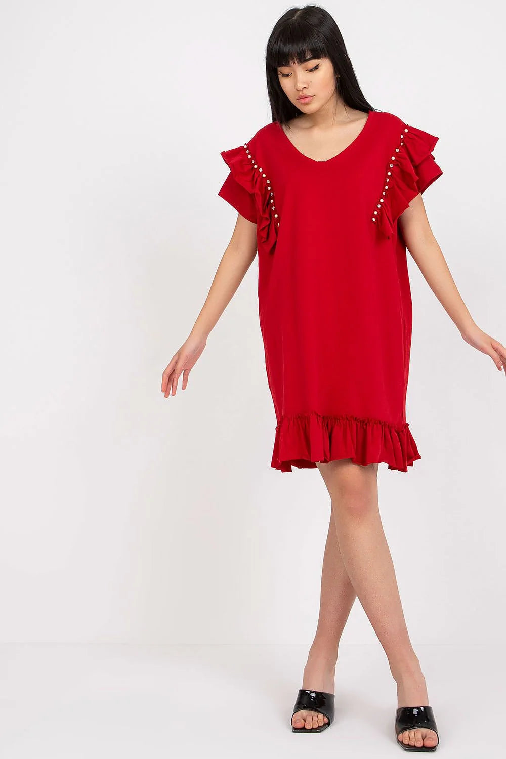 robe estivale corail légère fluide coton viscose col rond coupe droite manches courtes volants perles ourlet volanté féminine chic confortable